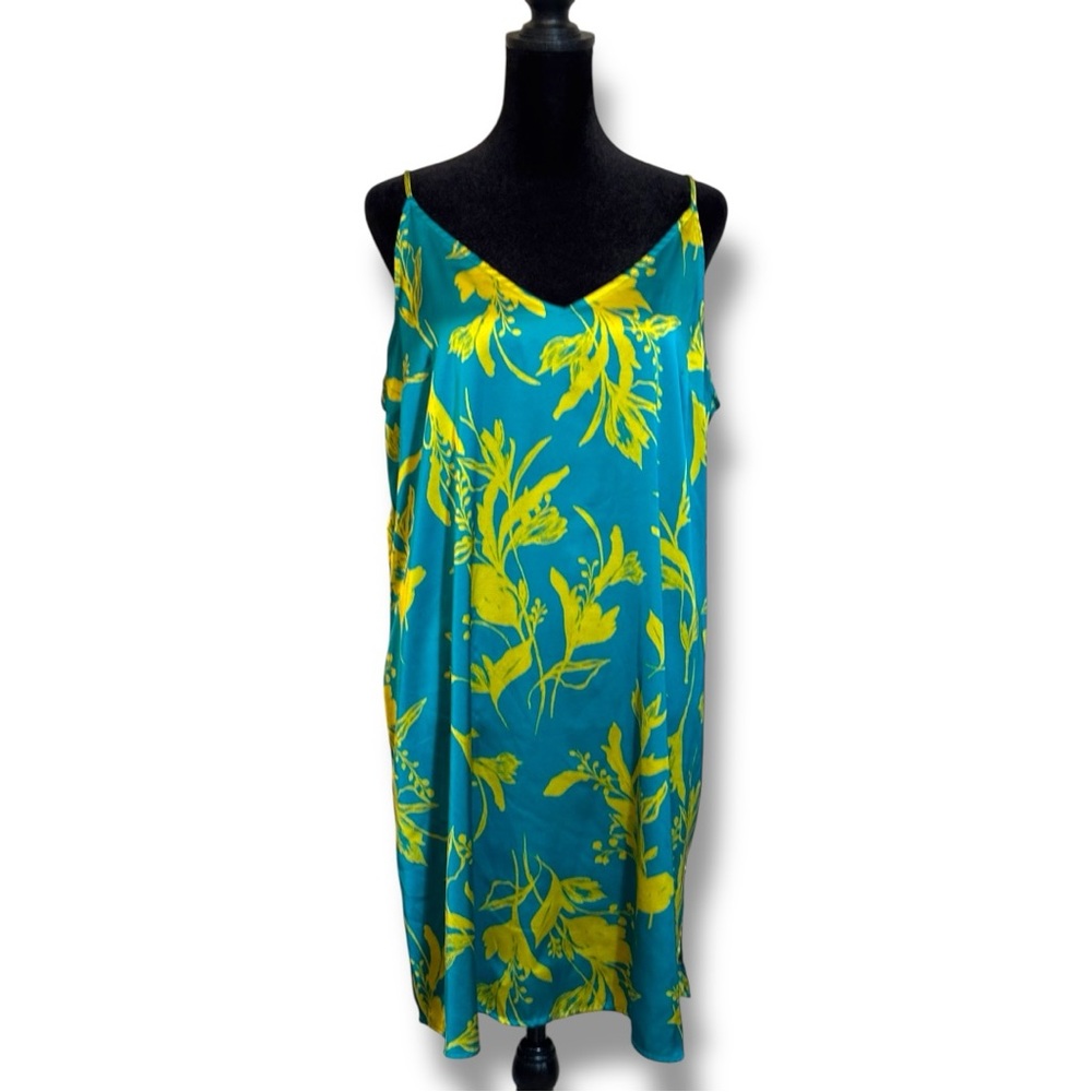 Stars Above Teal/Yellow Silky Floral Tropical Print Sleeveless Mini Slip Dress - Picture 4 of 16